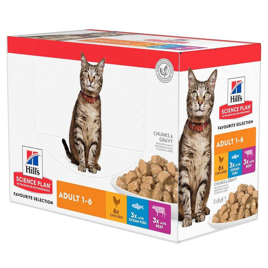 Sachets Repas pour Chat Adulte (1-6) - au Poulet, au Bœuf, au Poisson 12x85Gr
